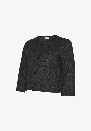 Temno siva skrajšana jakna z diskretno karirasto zasnovo, okrogli ovratnik, trije črni gumbi in rokavi dolžine do tri četrtine.