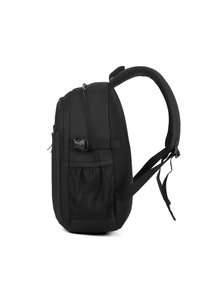 Zaino nero con tessuto testurizzato, chiusura con zip, tasca laterale in rete e spallacci imbottiti per il comfort. Design semplice, costruzione leggera.