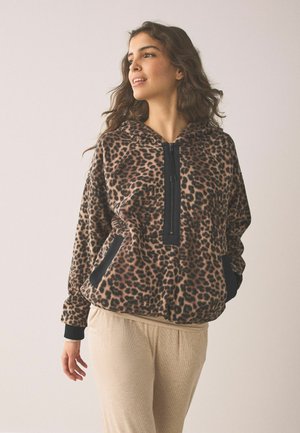 Leopard print fleece pullover with a zip-front, hood, and black side accents. Soft texture, relaxed fit, and ribbed cuffs.