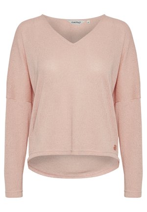Lichtroze V-hals pullover van textuurgebreide stof, met lange mouwen en een afgeronde zoom, met een subtiele logo-accent aan de zijkant.