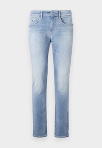 Lichtblauwe denim jeans met een recht gesneden ontwerp, vervaagde textuur, vijf zakken en een knoopsluiting bij de tailleband.