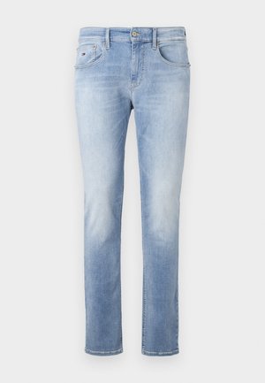 Hellblaue Jeans aus Denim mit geradem Bein, verblasster Textur, fünf Taschen und einem Knopfverschluss am Taillenbund.