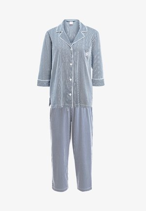 Mėlynos ir baltos juostelės pižamų rinkinys su mygtukais sagstoma viršutine dalimi ir elastinga juosmens juosta ant kelnių. Savybės: krūtinės kišenė ir trumpi rankovės. Pagaminta iš medvilnės.