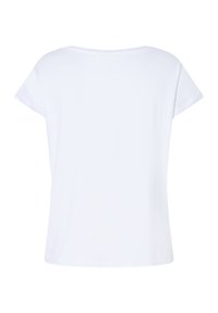 Ein plain weißes T-Shirt mit kurzen Ärmeln und Rundhalsausschnitt, von hinten gezeigt und flach auf einem weißen Hintergrund ausgelegt.