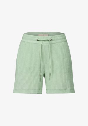 Light green shorts made of textured fabric, featuring an elastic waistband with a drawstring and metal accents. Casual design suitable for leisure.