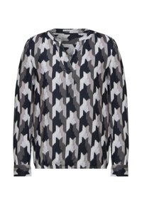 Blusa a maniche lunghe in un tessuto leggero, caratterizzata da un motivo geometrico in bianco, nero e grigio, con scollatura a V e maniche con polsini.