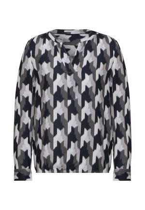 Langärmlige Bluse aus leichtem Stoff mit einem geometrischen Muster in Schwarz, Grau und Weiß, V-Ausschnitt und eingeknöpften Ärmeln.