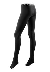 Black compression tights with a solid design, featuring a wide CEP branded waistband and reinforced toe area for durability.