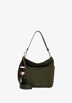 Mørkegrøn skuldertaske med dekorative perler, dobbelt stropper inklusive justerbar crossbody og forlomme med sølv brandlogo "SURI FREY".