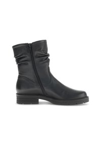 Black mid-calf leather boot with side zipper, slightly ruched upper, flat rubber sole, and low stacked heel, shown in profile view.