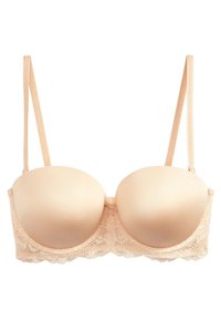 Beige gewatteerde bh met kantafwerking, verstelbare bandjes en haak-en-oogsluiting. Gladde textuur met een ronde cupvorm en bloemige kantdetails.