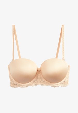 Beige gepolsterter BH mit Spitzenrand, verstellbaren Trägern und Haken- und Ösenverschluss. Glatte Textur mit runder Cup-Form und floralen SpitzenDetails.