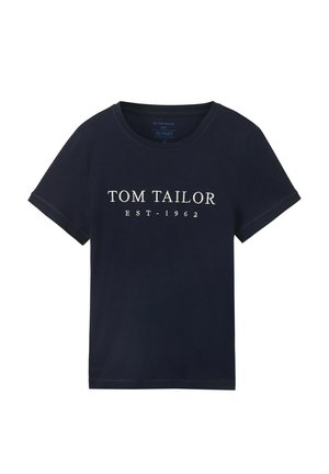 Navyblaues Kurzarm-T-Shirt aus weichem Stoff mit der Aufschrift "TOM TAILOR EST. 1962" in Weiß auf der Brust. Runder Ausschnitt.