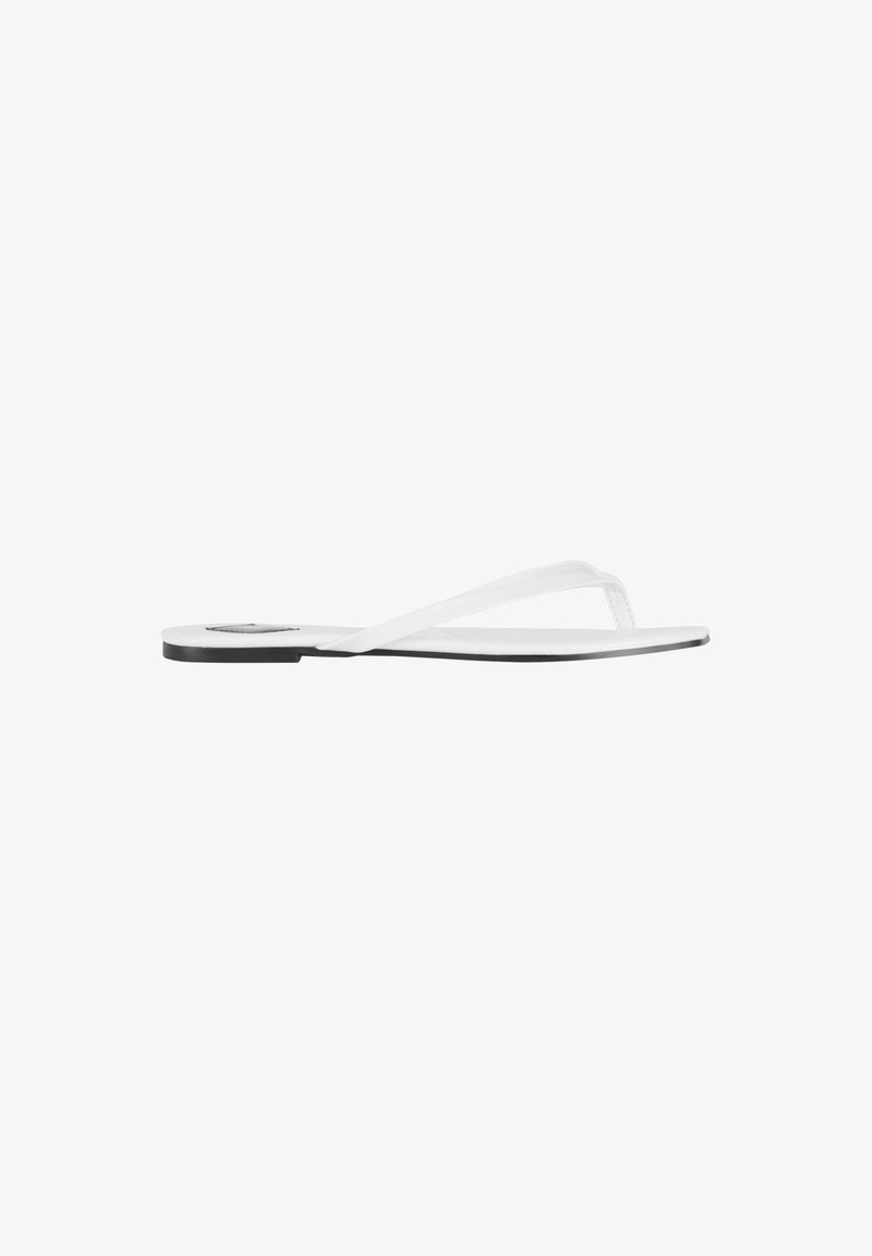 White flip-flop sandal with a flat sole, featuring thin straps and a black accent along the edge. Smooth texture, minimalistic design.