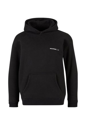 Czarna bluza z kapturem wykonana z miękkiego materiału. Posiada kieszeń kangurzą oraz białe logo na klatce piersiowej. Rękawy i dół wykończone ściągaczem.