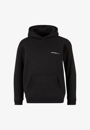 Sudadera con capucha negra hecha de un tejido suave. Cuenta con un bolsillo tipo canguro y un texto de logo blanco en el pecho. Mangas y dobladillo acanalados.