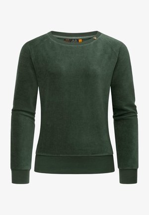 Dark green sweatshirt made of soft fabric featuring a round neck, long sleeves, and ribbed cuffs and hem. Includes a decorative accent.