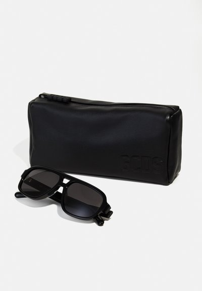 Black sunglasses with a rectangular frame and gradient lenses, accompanied by a matching black zippered carrying case featuring an embossed logo.