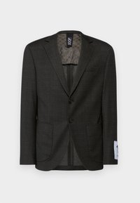 Blazer gris foncé avec un subtil motif à carreaux, deux poches avant et des boutons marron. L'intérieur doublé présente un design texturé.