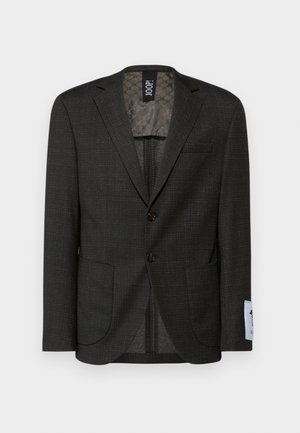 Tmavosivý blazer s jemným kockovaným vzorom, dvoma prednými vreckami a hnedými gombíkmi. Podšívka má textúrovaný dizajn.