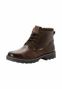Braune Leder-Ankle-Boots mit runder Zehe, Schnürung an der Vorderseite, strukturierten Akzenten, Gummisohle und Logodetail auf der Seite und der Zunge.