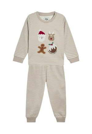 Gestreiftes beigefarbenes Schlafanzugset mit einem Langarmoberteil, das Feiertagsthemen-Applikationen zeigt: Weihnachtsmann, Rentier, Lebkuchen und Pudding.
