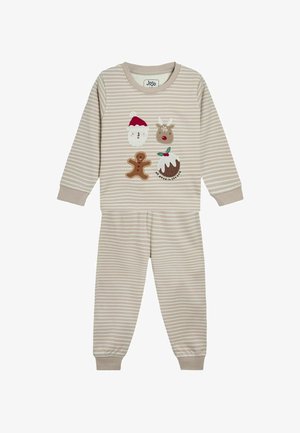 Conjunto de pijama a rayas beige que incluye una camiseta de manga larga con aplicaciones temáticas de las vacaciones: Papá Noel, renos, galletas de jengibre y pudding.