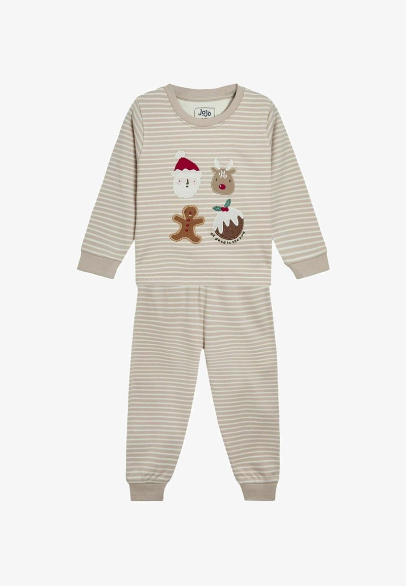 Prugasti bež pidžama set koji uključuje dugih rukava majicu s aplikacijama na temu praznika: Djed Mraz, jelen, kolačić i puding.