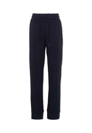 Pantaloni jogger neri slim fit con vita elastica e coulisse, polsini a coste alle caviglie, progettati per un uso casual.