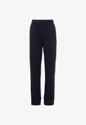 Pantalon jogger noir slim fit avec taille élastique et cordon, poignets côtelés aux chevilles, conçu pour un usage décontracté.