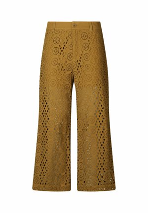 Pantaloni senape a pezzo unico con design a gamba ampia, caratterizzati da motivi circolari su tutta la superficie. Texture liscia e chiusura anteriore con bottone.