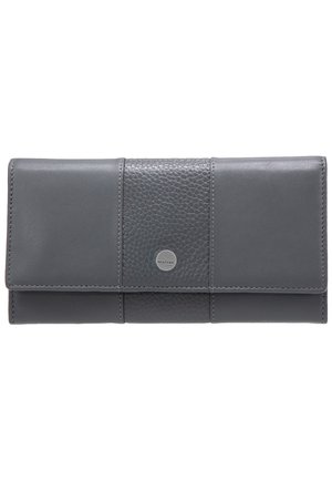 Graue Lederbörse mit einer strukturierten Mittelplatte, glatten Seitenpaneelen und einem silbernen Logoakzent. Abmessungen und funktionale Details sind nicht sichtbar.