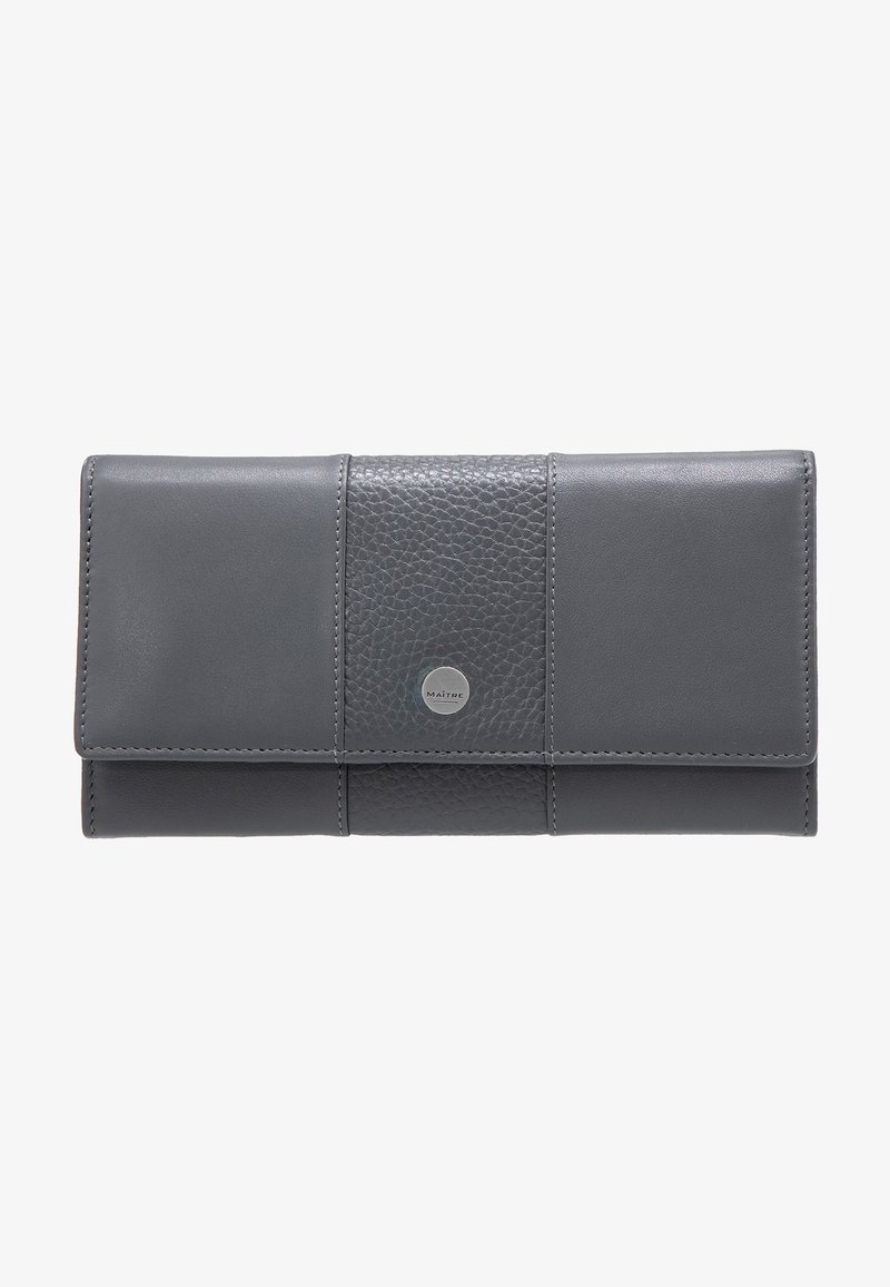 Gray leather wallet featuring a textured center panel, smooth side panels, and a silver logo accent. Dimensions and functional details not visible.