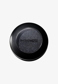 Czarny okrągły pojemnik z przezroczystą pokrywką, w którym znajduje się drobny czarny brokat z kolorowymi błyskotkami. Logo umieszczone na pokrywce.