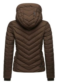 Brown padded jacket with a chevron design, featuring a hood, slim fit, and ribbed cuffs, made from water-resistant material.