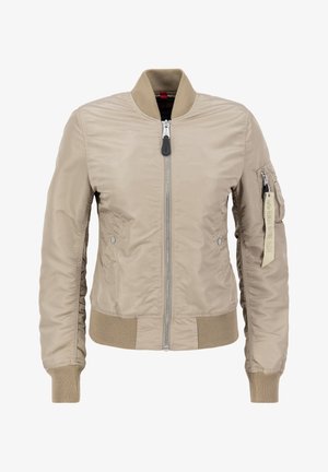 Beige bomberjacka med framdragkedja, ribbade muddar och nederkant, sidofickor och en verktygsficka på vänster arm med etikett.