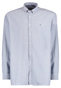 Chemise bleu clair à manches longues en mélange de coton, dotée d'un col pointu et d'un petit logo sur la poitrine.