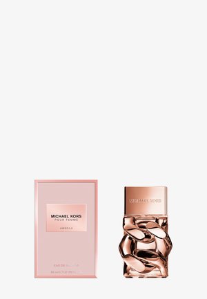 Parfum Michael Kors Pour Femme Absolu, 30 ml, dans un flacon en verre transparent avec un accent en or rose et un design lisse et arrondi rappelant une chaîne. La boîte est rose pâle.