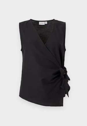Μπλούζα μαύρη αμάνικη με ντραπέ V-λαιμόκοψη και δετή λεπτομέρεια στο πλάι, φτιαγμένη από ελαφρύ ύφασμα.