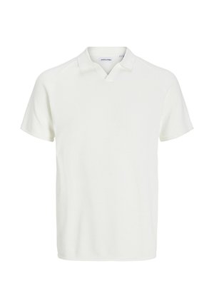 Polo majica s kratkimi rokavi v beli barvi, z teksturirano tkanino, ovratnikom v obliki črke V in sproščenim krojem. Blagovna znamka vidna ob ovratniku.