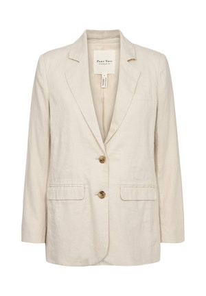 Beež linane bleiser kahe eesmisest klapitud taskuga, kahe pruuni nupu ja sälgulise kraega.