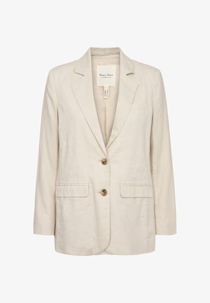 Beež linane bleiser kahe eesmisest klapitud taskuga, kahe pruuni nupu ja sälgulise kraega.