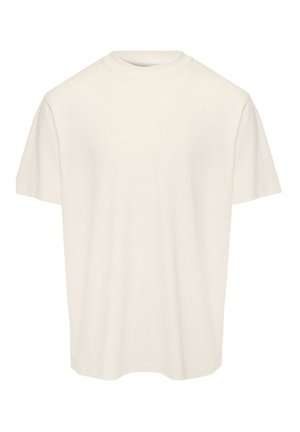 Simpel off-white T-shirt med korte ærmer og rund hals, vist fladt mod en hvid baggrund.