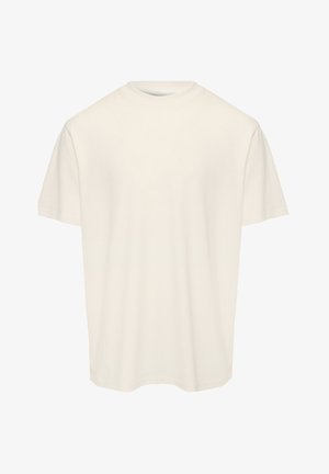 Schlichtes, elfenbeinfarbenes Kurzarm-T-Shirt mit Rundhalsausschnitt, flach auf einem weißen Hintergrund präsentiert.