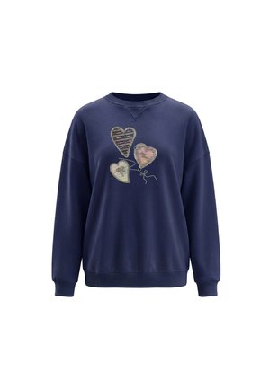 Mørkeblå sweatshirt med tre broderede ballonhjerter i stribede og blomstrede mønstre på brystet.