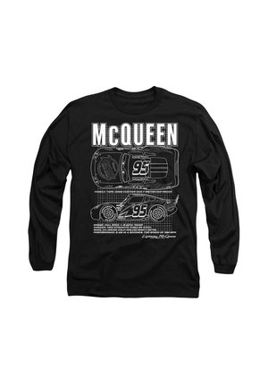 Long-sleeve black shirt featuring white graphic of car design with "McQUEEN" text, vehicle details, and Lightning McQueen character number "95."