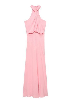 Roza obleka s halter vratom, z drapiranim bodicem, tekočo silhueto in gumbom na hrbtni strani. Narejena iz mehke in gladke tkanine.