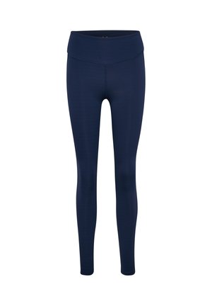 Marineblauwe leggings gemaakt van glad, rekbaar materiaal. Hoge tailleband met platte naden, ontworpen voor comfort en bewegingsvrijheid. Geen zichtbare patronen of accenten.