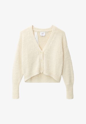 Bílý zkrácený cardigan s výstřihem do V, dlouhými rukávy a třemi knoflíky. Vyrobený z texturované pletené tkaniny. Má žebrované manžety a lem.