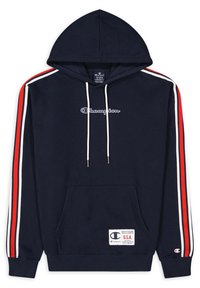 Sudadera de marina con capucha ajustable, logo en blanco con escritura, y rayas horizontales rojas y blancas en las mangas. Bolsillo tipo canguro frontal y etiqueta.